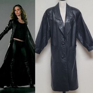 80s Vintage BKE Black Leather Longline Dolman Sleeve Oversized Trench Coat 7/8